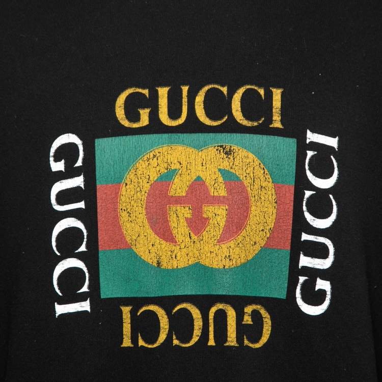 Pre Owned Gucci Black Distressed Cotton Vintage Logo Print Sweatshirt XL