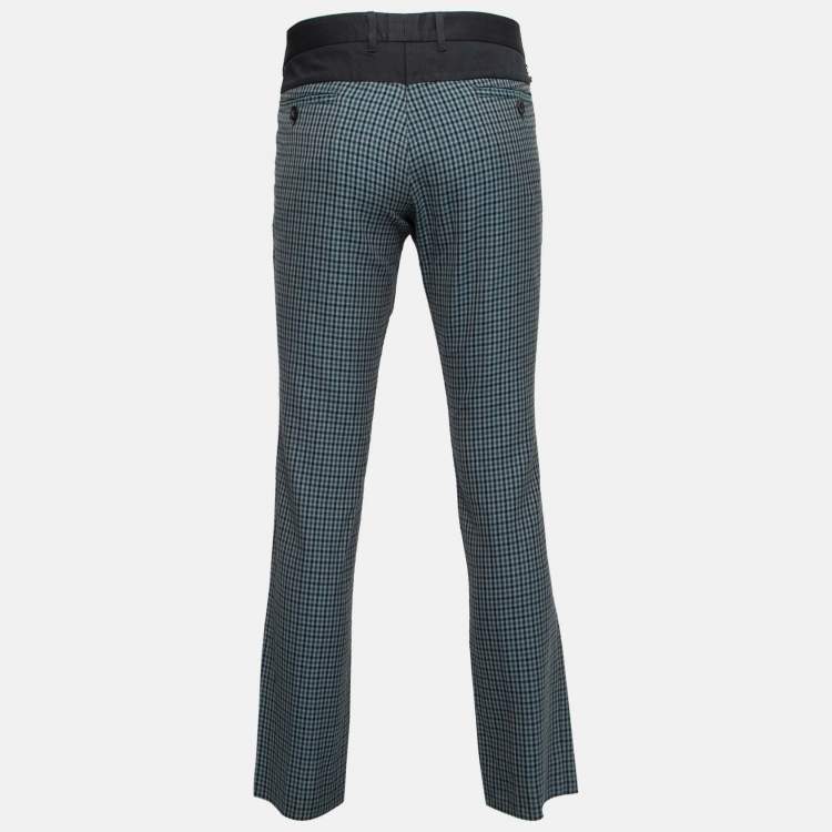 Pre Owned Gucci Blue & Green Check Print Cotton Skinny Fit Trousers L Waist 36"