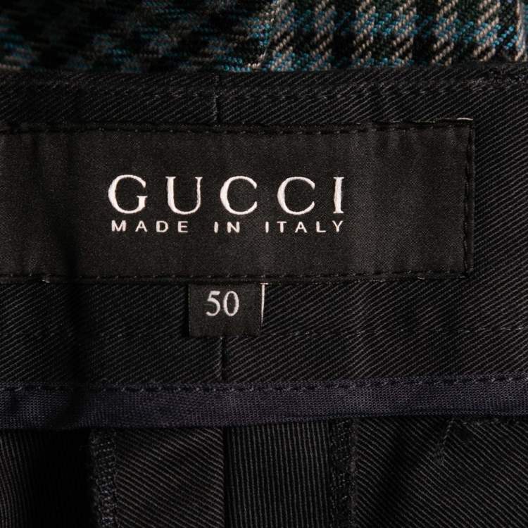 Pre Owned Gucci Blue & Green Check Print Cotton Skinny Fit Trousers L Waist 36"