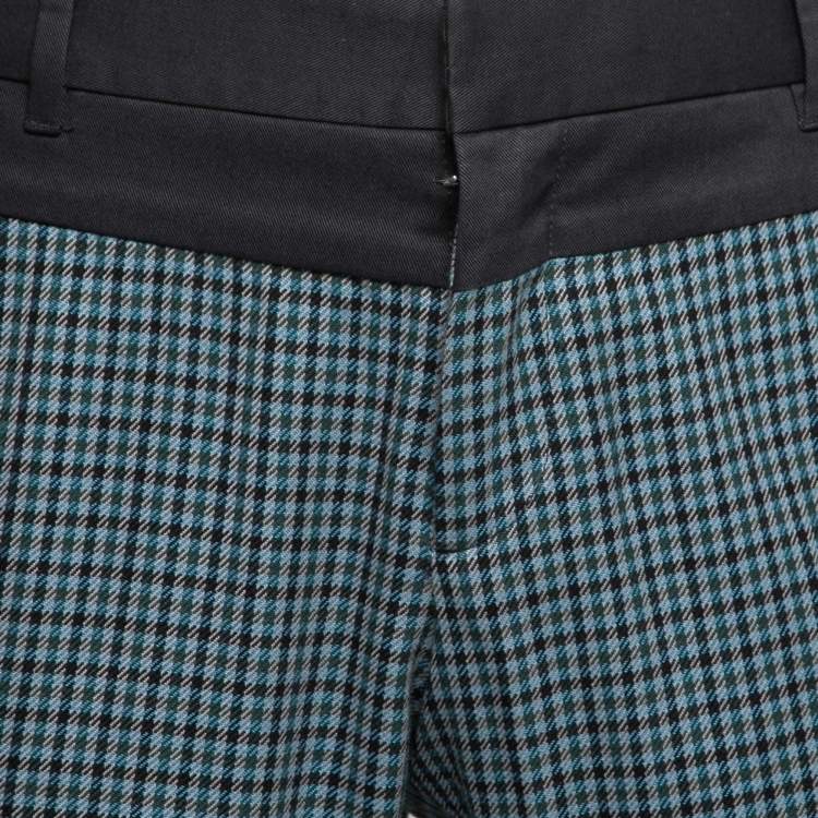 Pre Owned Gucci Blue & Green Check Print Cotton Skinny Fit Trousers L Waist 36"
