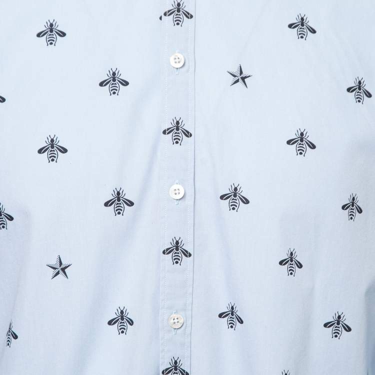 Pre Owned Gucci Light Blue Bee Print Cotton Button Front Shirt L