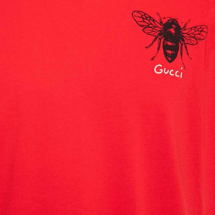 Pre Owned Gucci Red Cotton Bee Logo Printed V-Neck T-Shirt XL