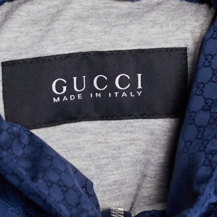 Pre Owned Gucci Navy Blue Web Logo Synthetic Bomber Jacket M