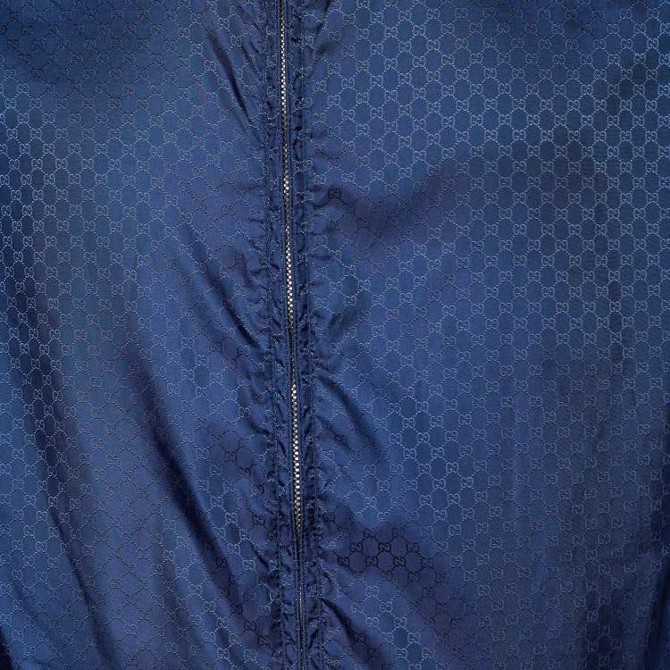 Pre Owned Gucci Navy Blue Web Logo Synthetic Bomber Jacket M