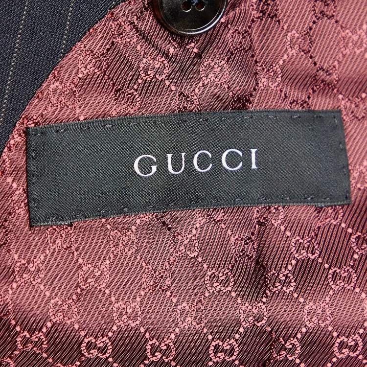 Pre Owned Gucci Navy Blue Striped Cotton & Silk Double Breasted Blazer M