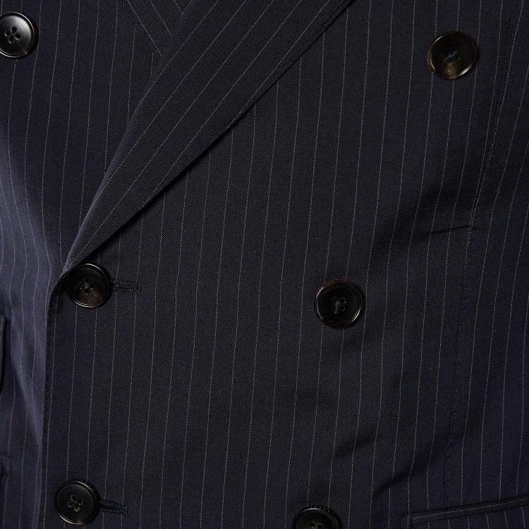 Pre Owned Gucci Navy Blue Striped Cotton & Silk Double Breasted Blazer M