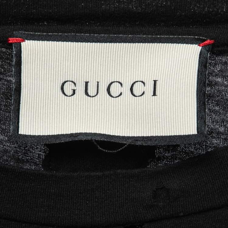Pre Owned Gucci Black Distressed Cotton Logo Printed Crewneck T-Shirt M