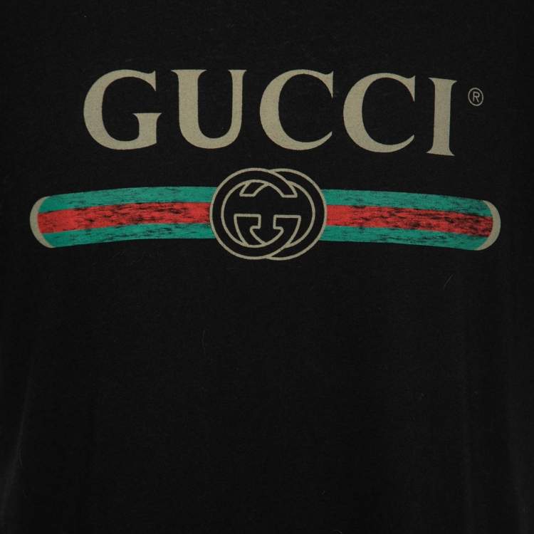 Pre Owned Gucci Black Distressed Cotton Logo Printed Crewneck T-Shirt M