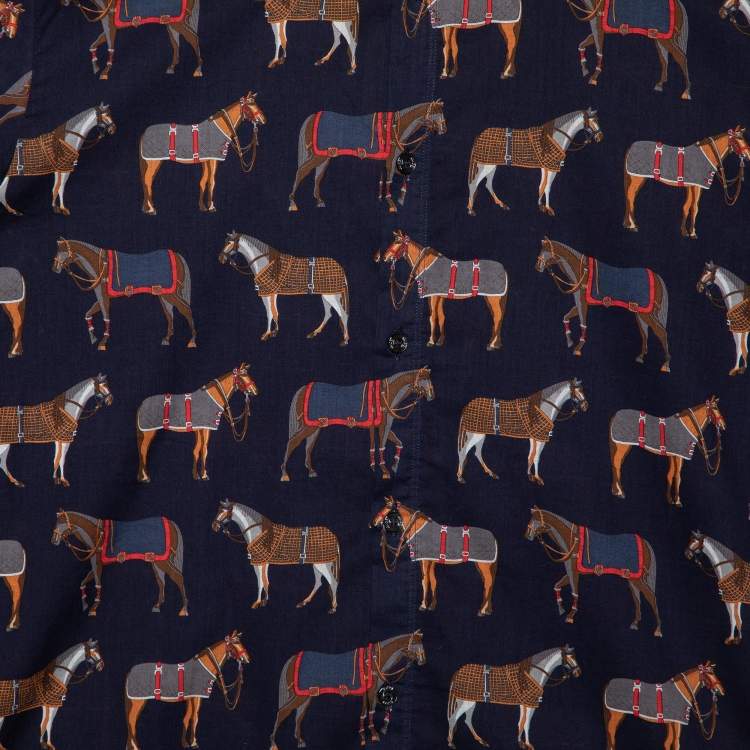 مملوكة مسبقًا Gucci  Navy Blue Horse Printed Cotton Duke Shirt S