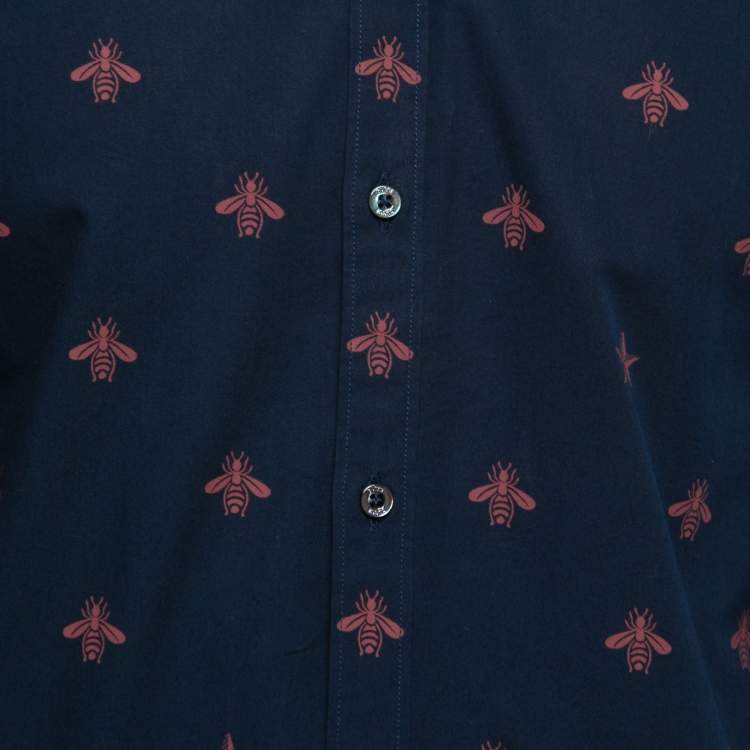 Pre Owned Gucci Navy Blue Bee Printed Cotton Duke Shirt M 