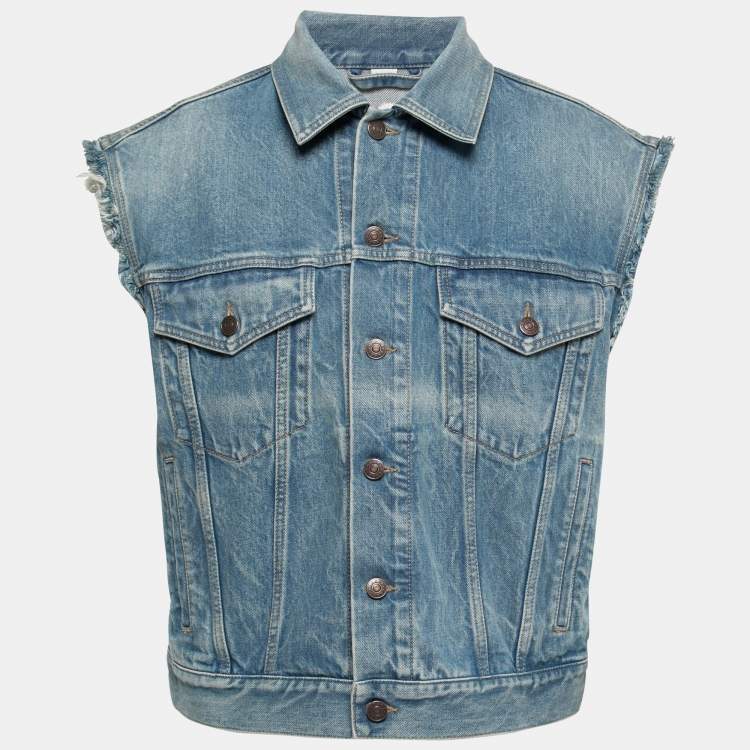 Pre Owned Gucci Blue Denim Embroidered Sleeveless Oversized Jacket S