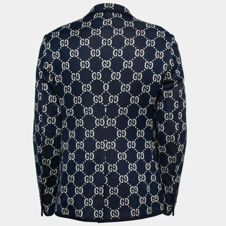 Pre Owned Gucci Dark Blue & Beige GG Jacquard Cotton Knit Blazer L
