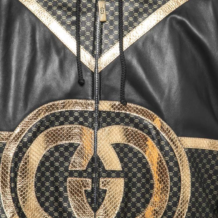 Pre Owned Gucci Dapper Dan Black & Gold Leather Logoed Hooded Jacket M