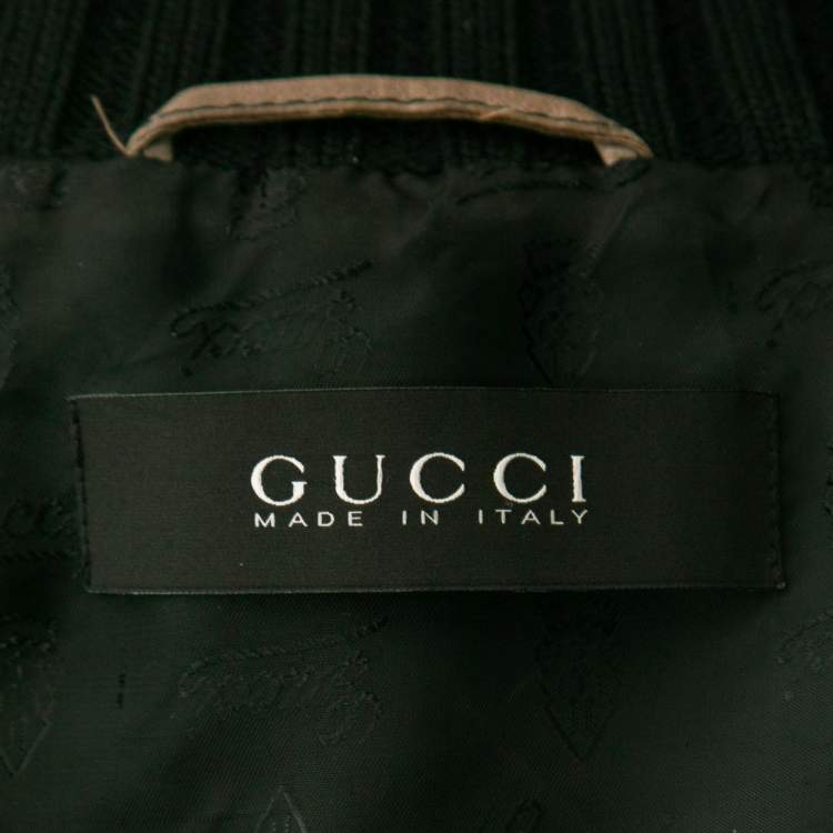 Pre Owned Gucci Brown Leather Rib Knit Trim Madonna Bomber Jacket M