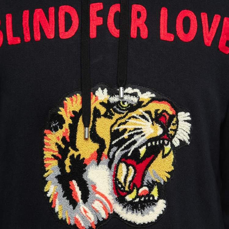 Pre Owned Gucci Black Cotton Knit Blind for Love Tiger Patch Hoodie L