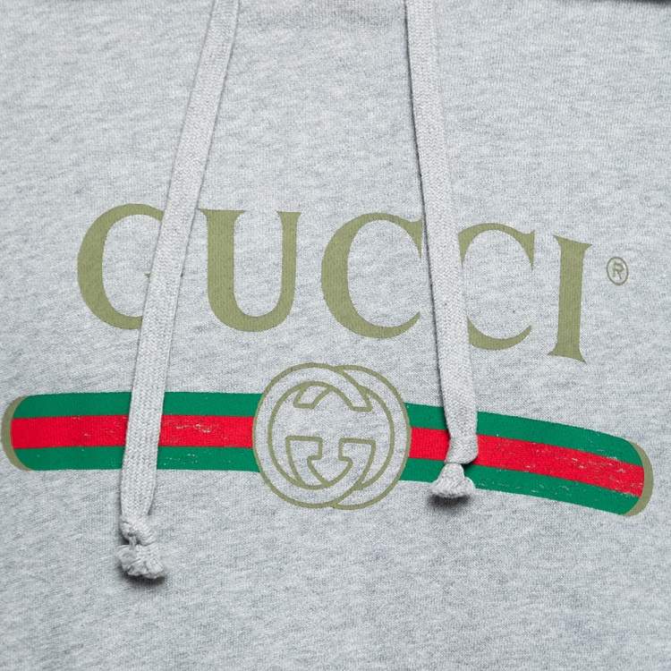 Pre Owned Gucci Grey Cotton Logo Print Embroidered Hoodie M