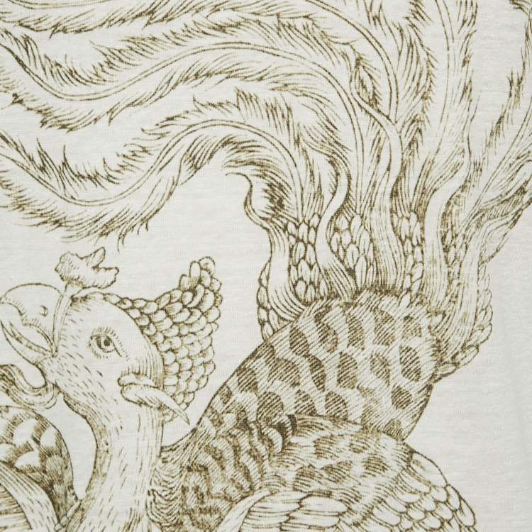 Pre Owned Gucci Cream Printed Linen Crew Neck T Shirt M