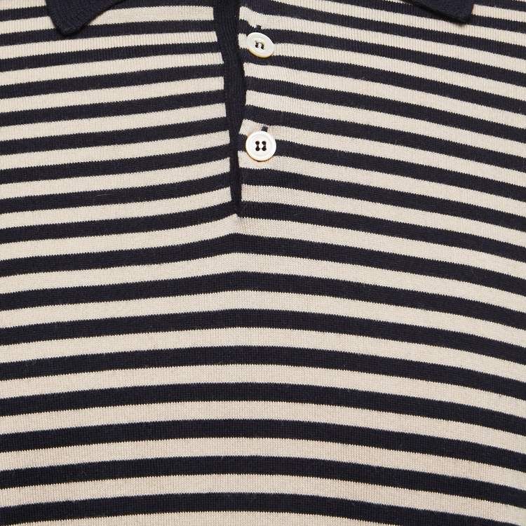 مملوكة مسبقًا Gucci Navy Blue & Beige Striped Knit Long Sleeve Polo T-Shirt L