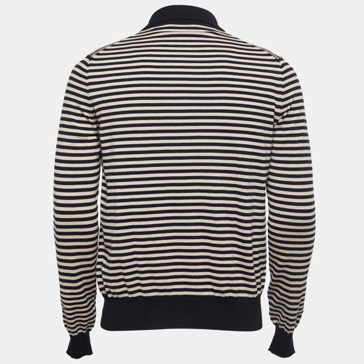 مملوكة مسبقًا Gucci Navy Blue & Beige Striped Knit Long Sleeve Polo T-Shirt L