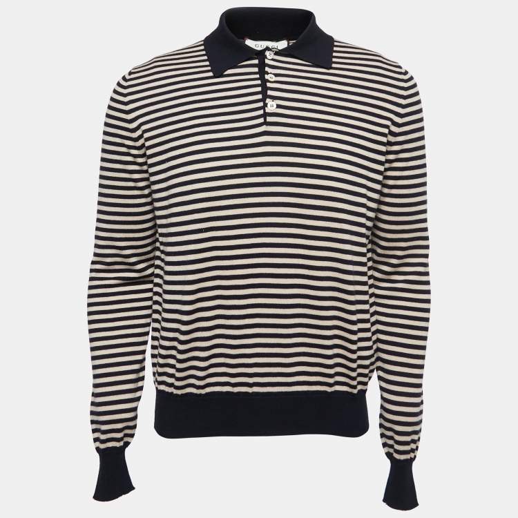 مملوكة مسبقًا Gucci Navy Blue & Beige Striped Knit Long Sleeve Polo T-Shirt L