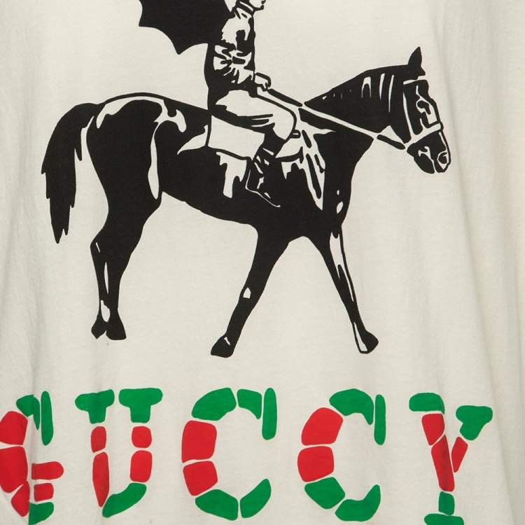 Pre Owned Gucci Cream Winged Jockey Logo Print Cotton Crew Neck T-Shirt XXL