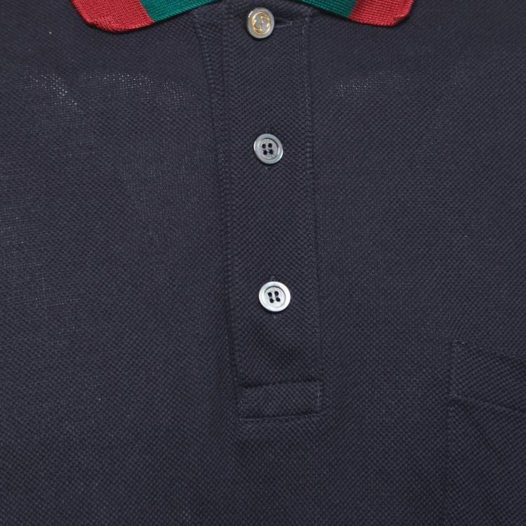 Pre Owned Gucci Navy Blue Cotton Pique Web Collar Polo T-Shirt XXXL