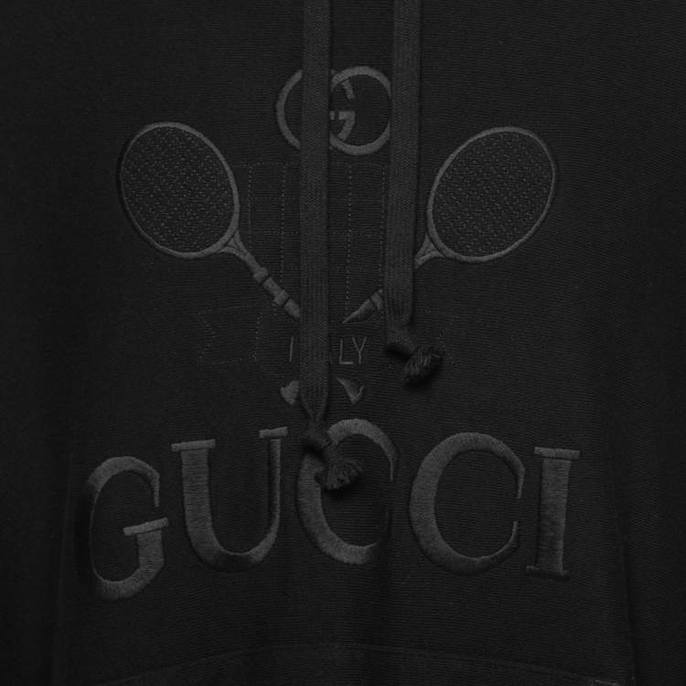 مملوكة مسبقًا Gucci Black Cotton Tennis Logo Embroidered Oversized Hoodie XXL