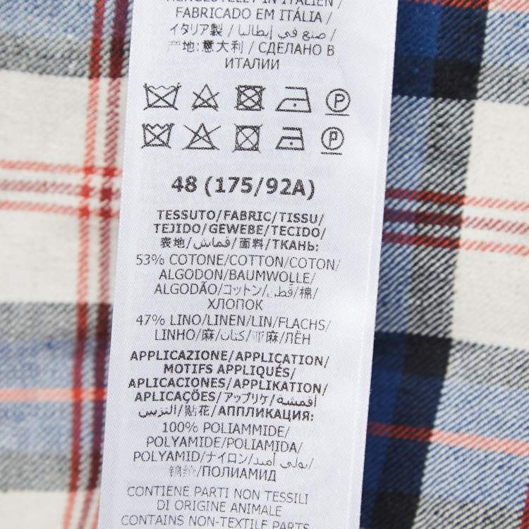 Pre Owned Gucci Blue Checked Cotton & Linen Logo Band Detail Short-Sleeve Shirt M