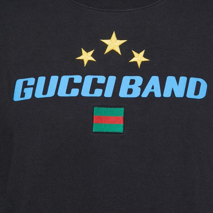 Pre Owned Gucci Black Cotton Embroidered Band Print T-Shirt L