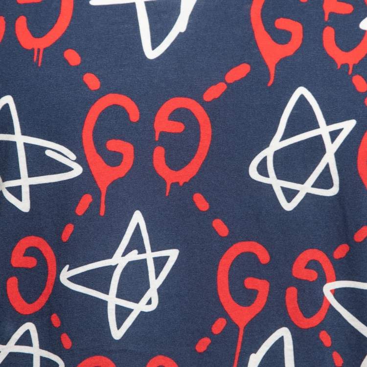 Pre Owned Gucci Navy Blue Gucci Ghost GG Print Cotton Crew Neck T-Shirt M
