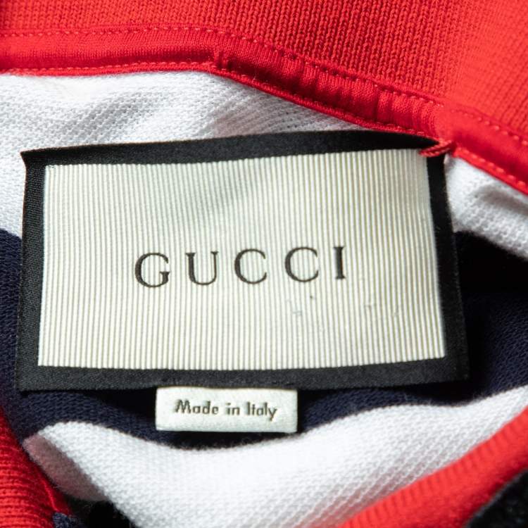 Pre Owned Gucci Navy Blue Striped Cotton Pique Snake Applique Contrast Collar Polo T-Shirt L