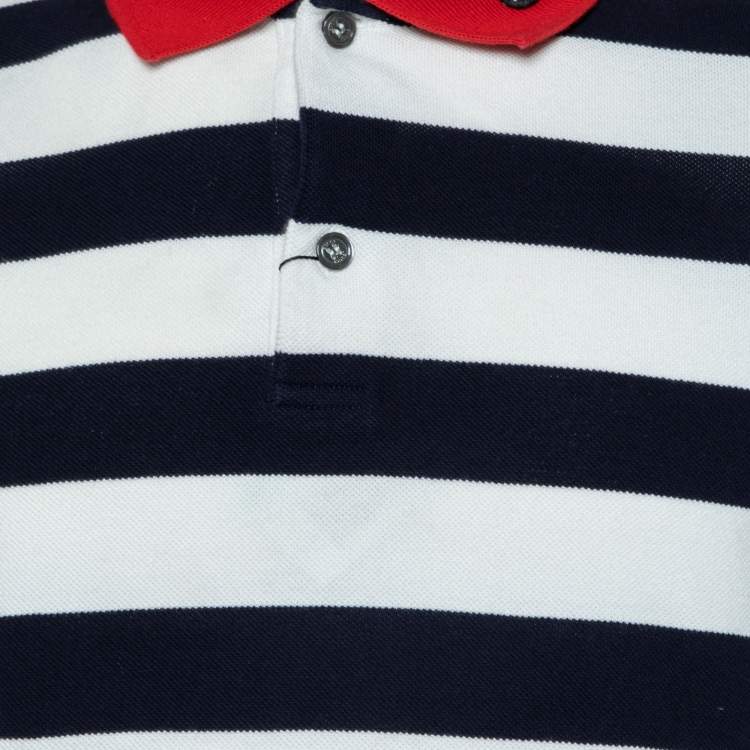 Pre Owned Gucci Navy Blue Striped Cotton Pique Snake Applique Contrast Collar Polo T-Shirt L