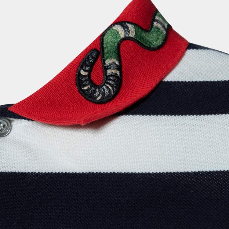 Pre Owned Gucci Navy Blue Striped Cotton Pique Snake Applique Contrast Collar Polo T-Shirt L