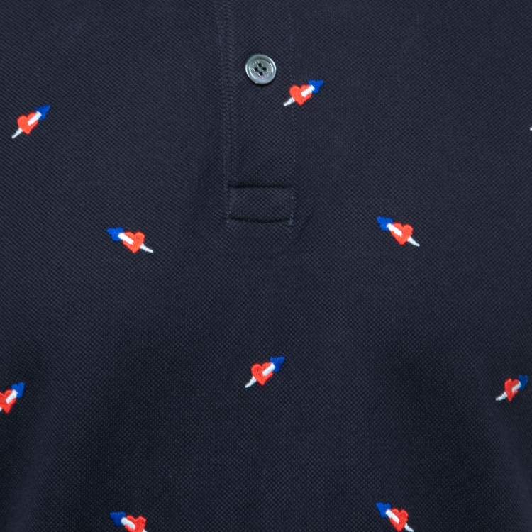 Pre Owned Gucci Navy Blue Pierced Heart Embroidered Cotton Polo T-Shirt  L