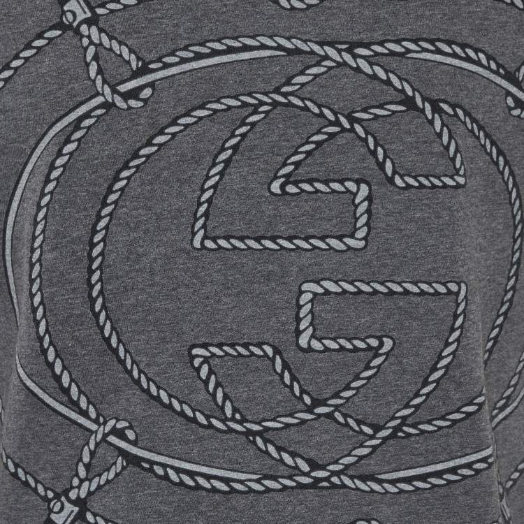 Pre Owned Gucci Grey Rope Logo Printed Cotton Knit Roundneck T-Shirt M