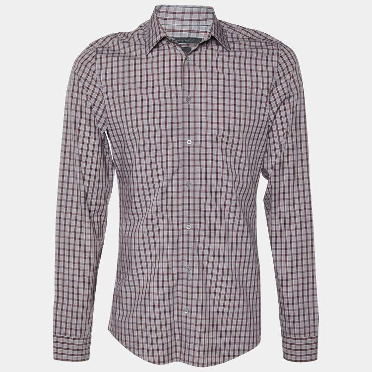 Pre Owned Gucci Brown/Green Checked Cotton Slim Fit Long Sleeve Shirt M