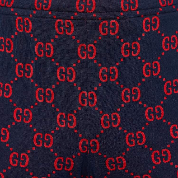 مملوكة مسبقًا Gucci Navy Blue & Red Logo Jacquard Knit Shorts XL