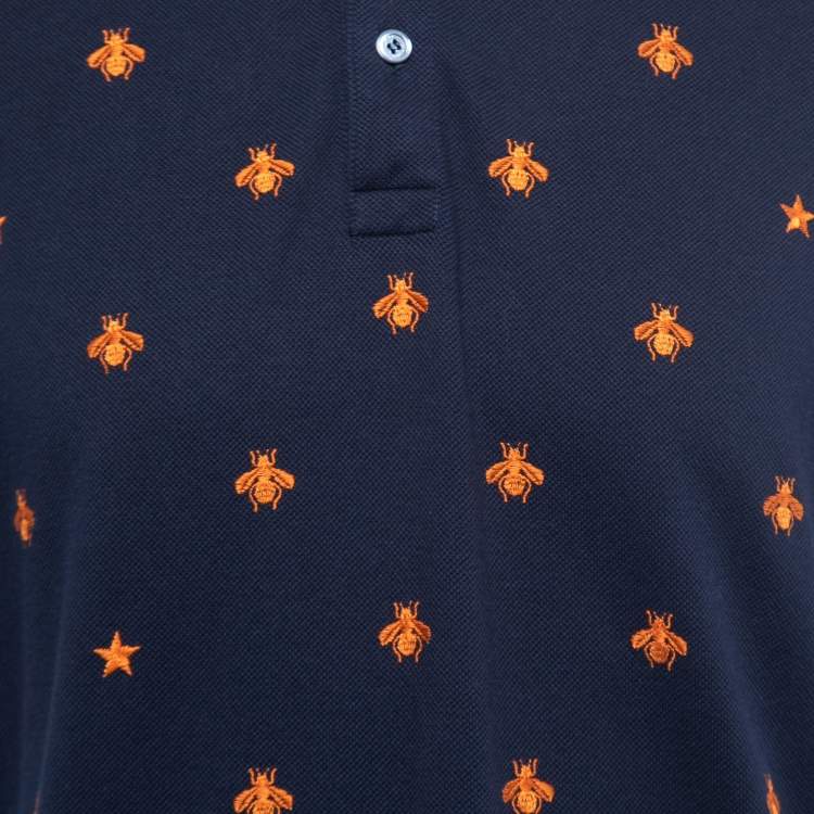 Pre Owned Gucci Navy Blue All-Over Motif Embroidered Cotton Pique Polo T-Shirt XXXL