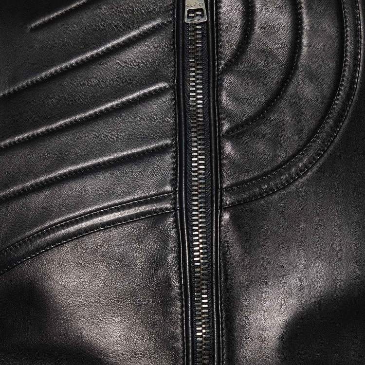 Pre Owned Gucci Black Leather Stitch Patterned Biker Jacket M