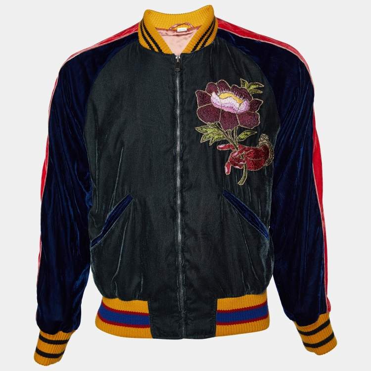 Gucci Green Velvet Embroidery Detail Bomber Jacket S Gucci