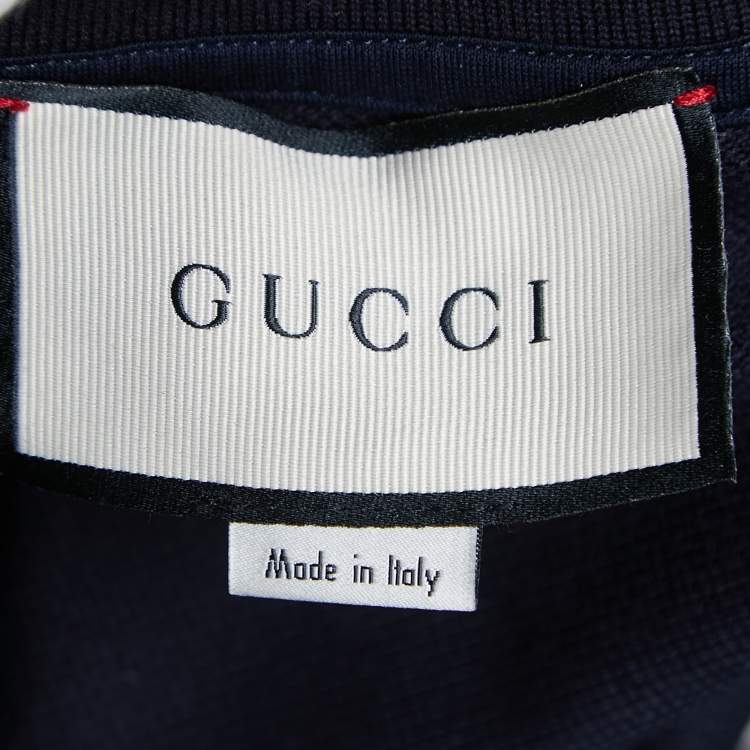 Pre Owned Gucci Navy Blue Cotton Knit Logo Stripe Detail Polo T-Shirt XL