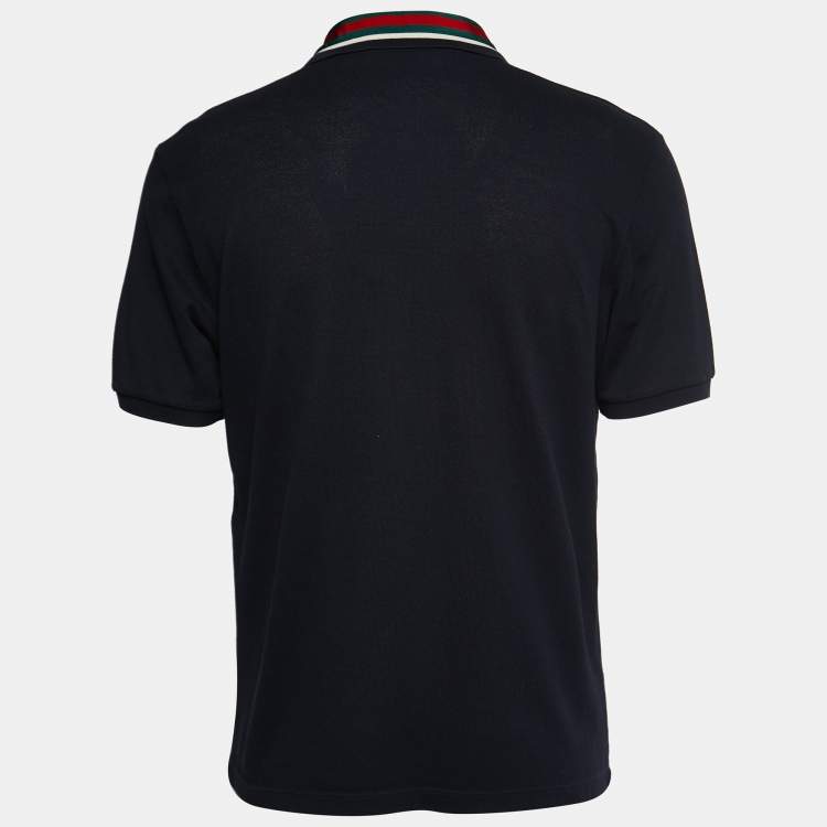 Pre Owned Gucci Navy Blue Cotton Knit Logo Stripe Detail Polo T-Shirt XL