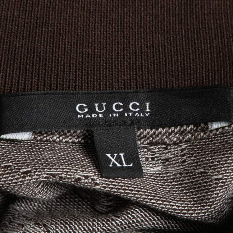 Pre Owned Gucci Brown GG Patterned Cotton Knit Web Detail Collar Polo T-Shirt XL