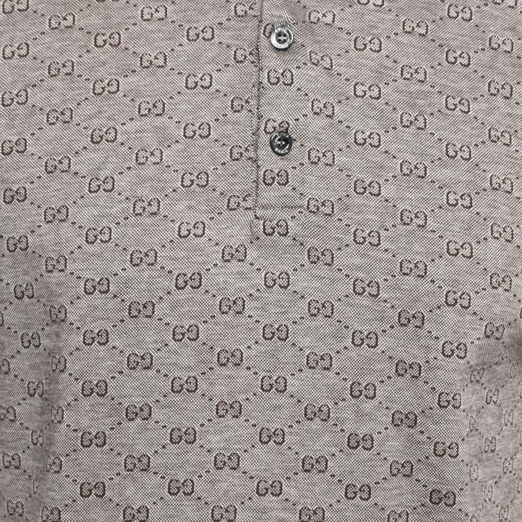 Pre Owned Gucci Brown GG Patterned Cotton Knit Web Detail Collar Polo T-Shirt XL
