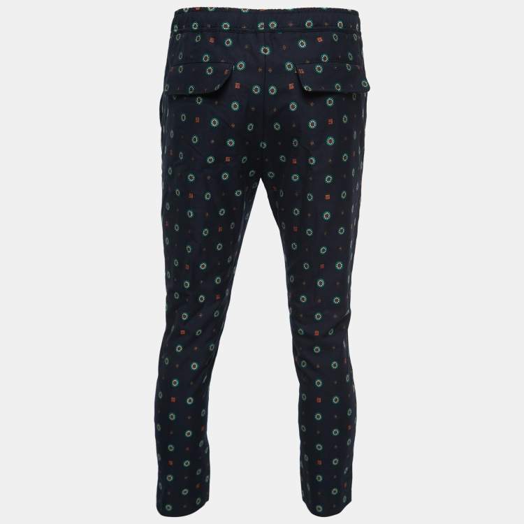 Pre Owned Gucci Navy Blue Patterned Cotton Trousers S