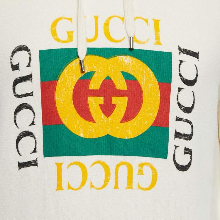 Pre Owned Gucci Cream Logo Print Cotton Hoodie S