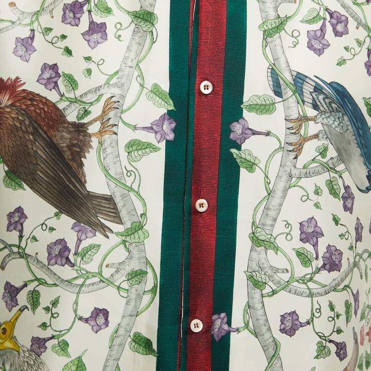 Pre Owned Gucci Multicolor Birds of Prey Print Silk Satin Button Front Half Sleeve Bowling Shirt M