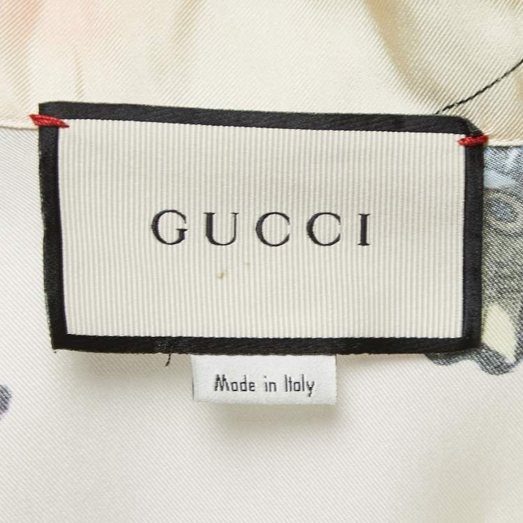 Pre Owned Gucci Cream Fish Print Satin Silk Button Front Half Sleeve T-Shirt M