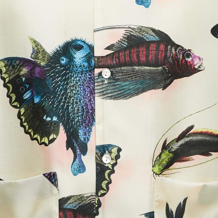 Pre Owned Gucci Cream Fish Print Satin Silk Button Front Half Sleeve T-Shirt M