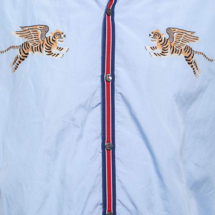 Pre Owned Gucci Blue Tiger Embroidered Button Front Half Sleeve Bowling Shirt M